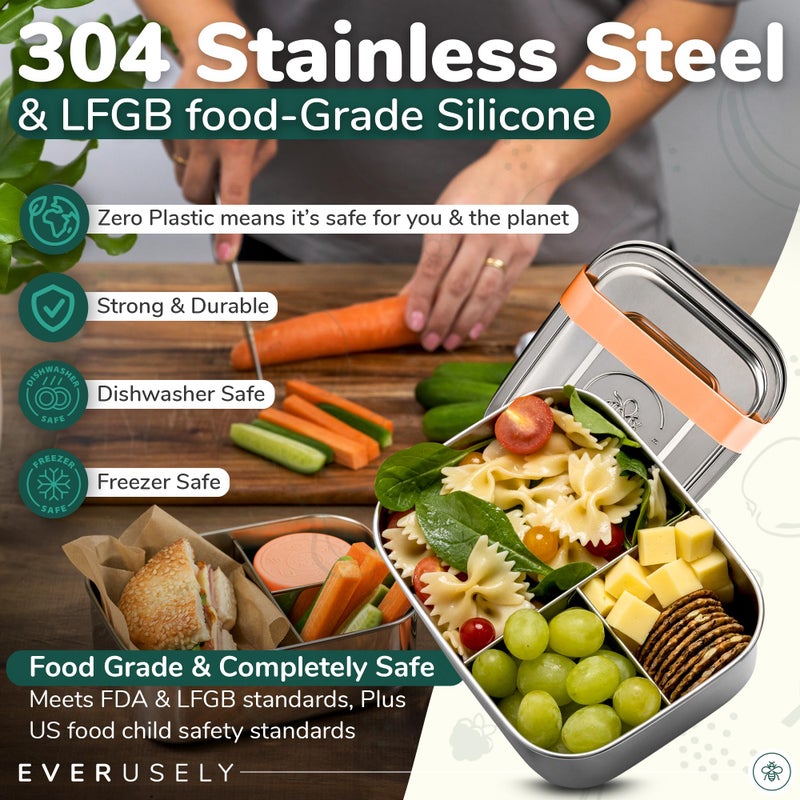 Everusely - Bento Box for Kids - Orange  6.5x4.7 / 27oz - Stainless Steel Lunch Box w/Leakproof Condiment Container - 3 Compartment Snack Box for School  Office Meals - Freezer & Dishwasher Safe - Image 5